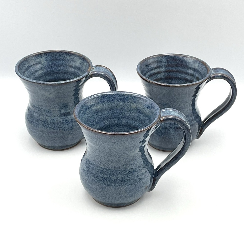 Vintage 1990s Signed Studio Pottery Blue Glazed Mugs Set of 3 Handmade